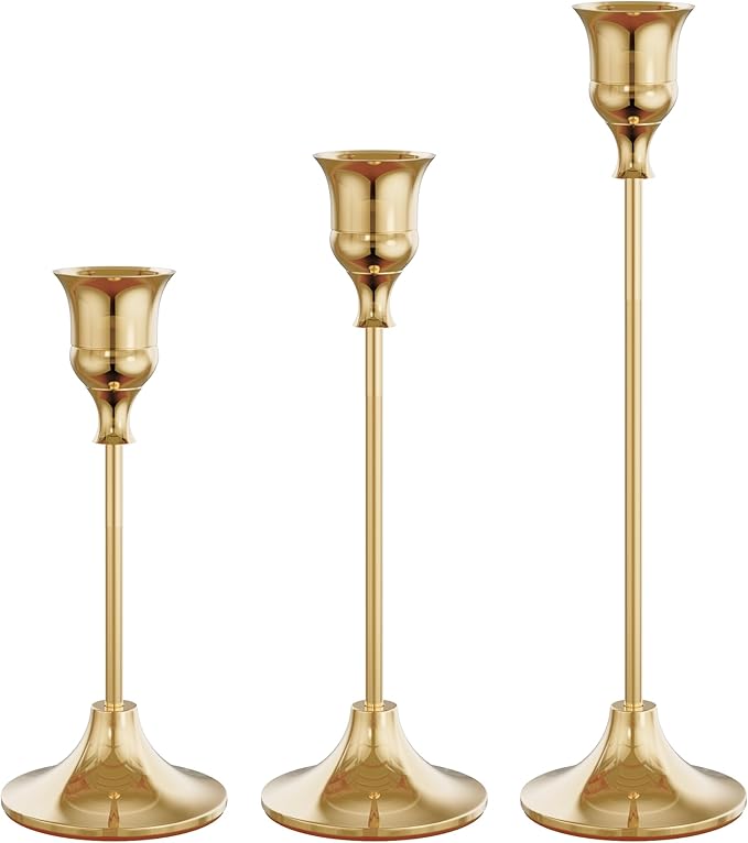French Gold Candlestick Holders Taper Candle Holders, Set of 3 Vintage Candle Sticks Holder Decor Used as Fireplace Mantel or Table Centerpieces for Wedding, Dinning, Party