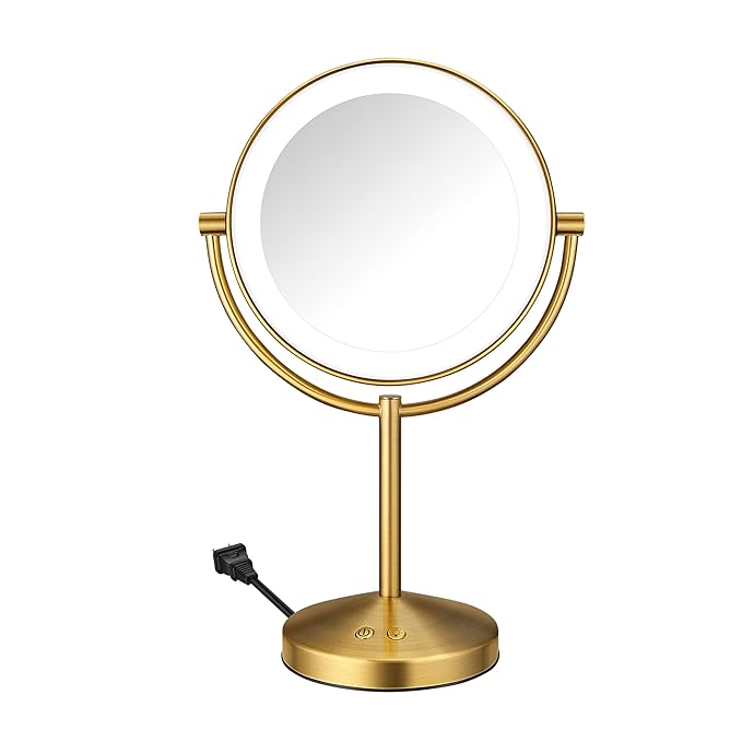 Conair Lighted Makeup Mirror, Double-Sided LED Vanity Mirror with 1X/10X Magnification, 3 Light Settings, 3 Modes, 360° Rotation, Brushed Brass Finish