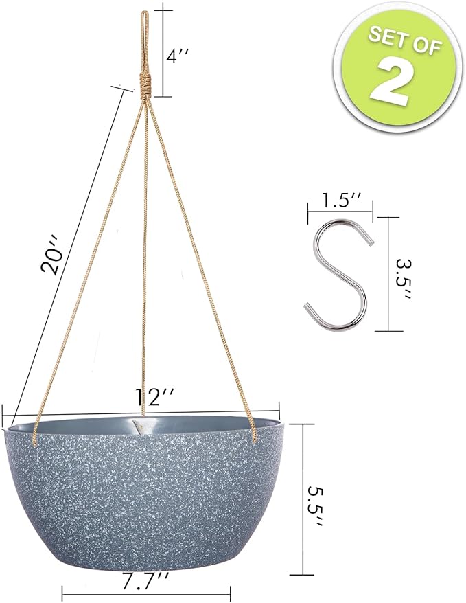 12 Inch 2 Pack Large Hanging Planters for Indoor Outdoor Plants, Plastic Hanging Basket Pots for House Plants Flowers, Grey