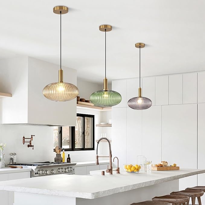 KCO Lighting Modern Gold Globe Pendant Lamp 1-Light Mid Century Antique Brass Dining Pendant Light Amber Glass Farmhouse Pendant Lighting Adjustable Large Vintage Hanging Ceiling Pendant Light