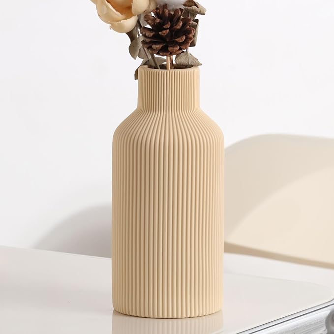 Ceramic Flower Vase,Minimalist Modern Farmhouse Decorative,Small Boho Vase for Pampas Grass,Table,Shelf Bookshelf Decor,Mantel,Entryway Decoration and Centerpieces(8 inch,Beige)