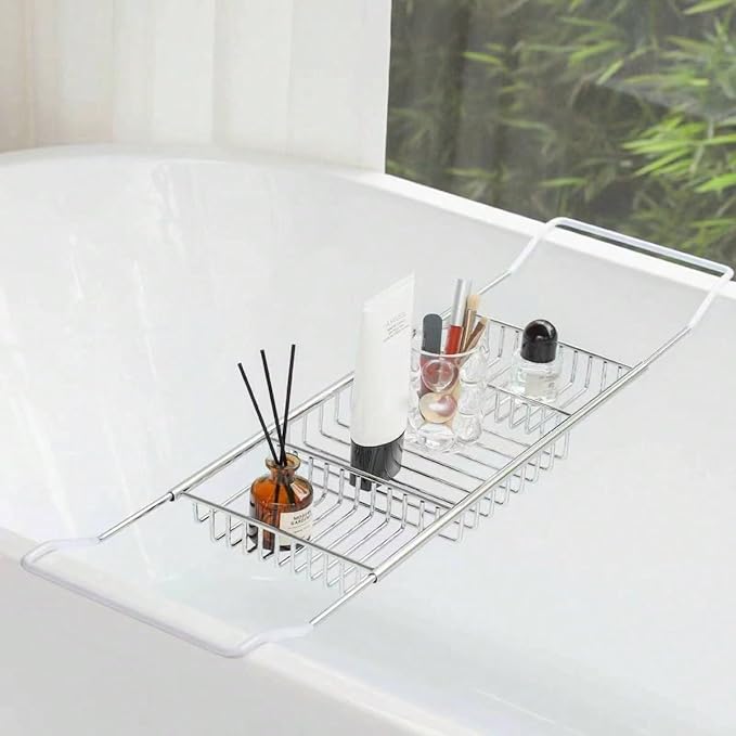 Stainless Steel Expandable Shower Bathtub Tray Over Tub Bath Caddy Expandable Bath Caddy for The Elegant Tub Chrome Polished (Silver)