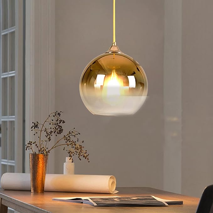 Gradient Gold Glass Globe Pendant Light,Spherical Glass Hanging Light Fixtures Island Ceiling Lamp (9.8'')