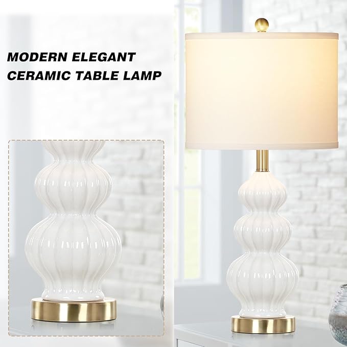 Triple Gourd Ceramic Table Lamps Set of 2, Modern White Bedside Lamps with Rotary Switch， Contemporary Nightstand Lamps for Bedroom Living Room