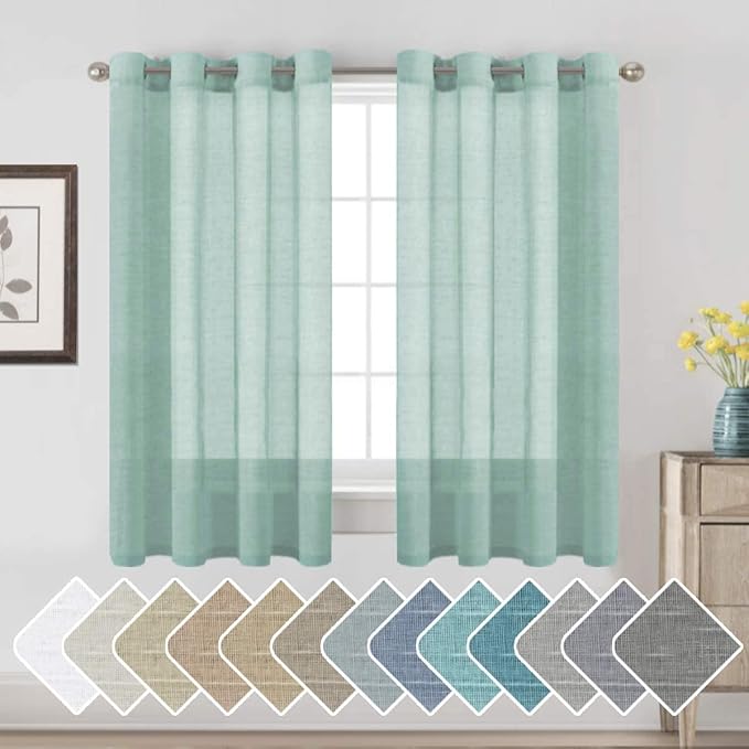 H.VERSAILTEX Linen Curtains Nickel Grommet Natural Linen Semi-Sheer Curtains 2 Panels Privacy Added Premium Soft Rich Material Drapes for Bedroom/Livingroom - 52x63 - Inch - Sea Mist