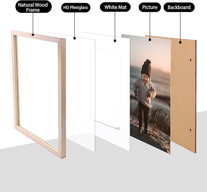 KINLINK A4 Picture Frame Natural, Solid Wood Frames with Acrylic Plexiglass for Pictures A5 with Mat or A4 without Mat, Tabletop and Wall Display Photo Frame, Set of 4