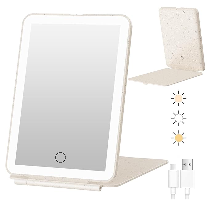 FUNTOUCH Rechargeable Travel Makeup Mirror with 72 Led Lights, Portable Lighted Makeup Mirror, 3 Color Lighting, Dimmable Touch Screen, Type C, Tabletop LED Folding Cosmetic Vanity Mirror