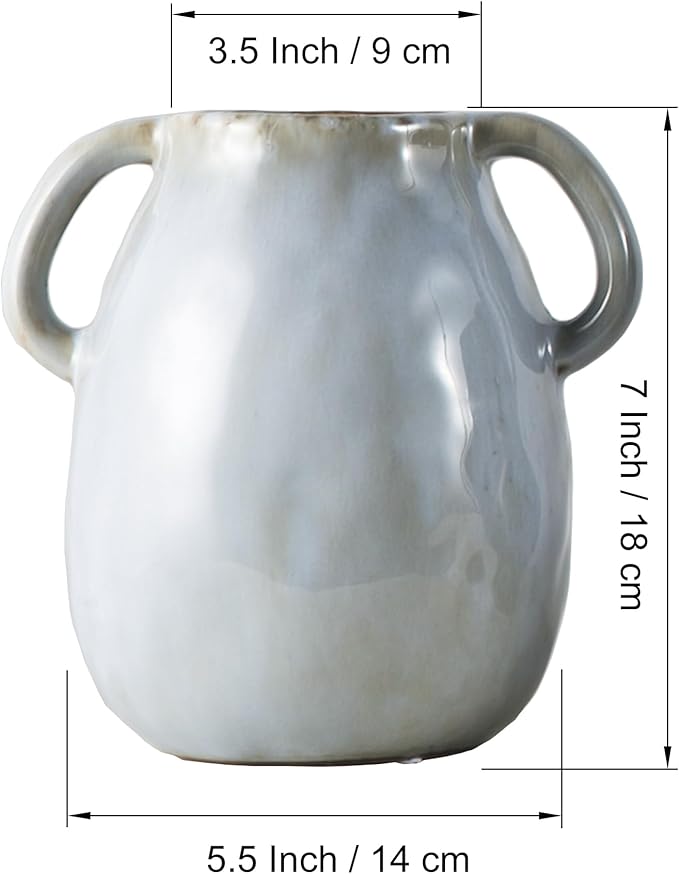 Gray Ceramic Vase with 2 Handles, Modern Farmhouse Decor, Rustic Terracotta Pottery, Decorative Flower Vases, Clay Small Vase, Centerpiece for Dining Table - 7 Inch Tall