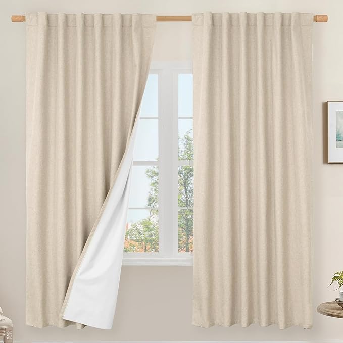 LAMIT 100% Blackout Natural Linen Curtains, 72 Inches Linen Textured Thermal Bedroom Curtains Back Tab and Rod Pocket Neutral Panels with White Liner for Farmhouse, 2 Panels, 52 x 72 Inch