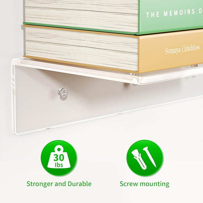 FEMELI 2 PCS 17" Acrylic Floating Shelves, Clear Shelf for Display, Plant, Perfume, Book in Bedroom Living Room Office, 5mm Thick Wall-Mounted Acrylic Shelves for Wall
