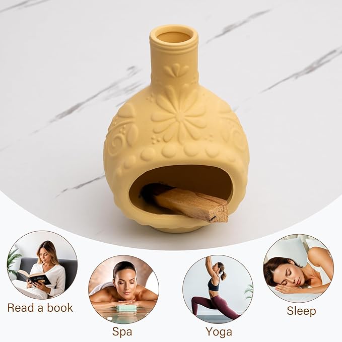Handmade Ceramic Palo Santo Burner&Incense Holder-Mini Chimenea Dish for Sage Sticks,Copal,and Meditation Decor-Natural Clay Smudge Pot with Aromatic Design,Anxiety Relief Gifts for Women