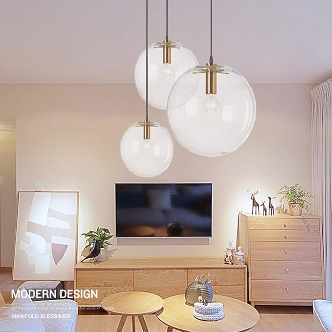 Spherical LED Clear Glass Hanging Light, Creative Single Pendant Light, Ceiling Light Base on E27 Gold Lamp Holder (15CM)
