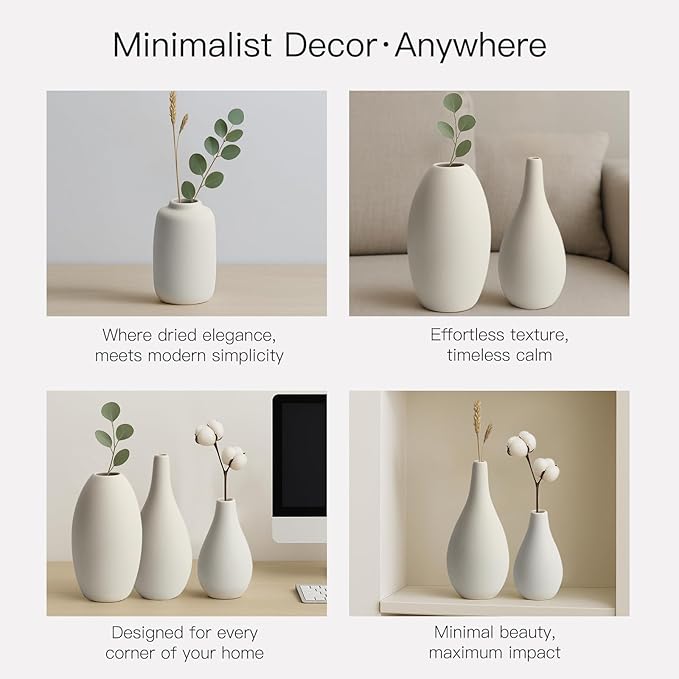 BEAHOT Ceramic Vases Set of 6, White Contemporary Decorative Flower Vases, Modern Design for Living Room