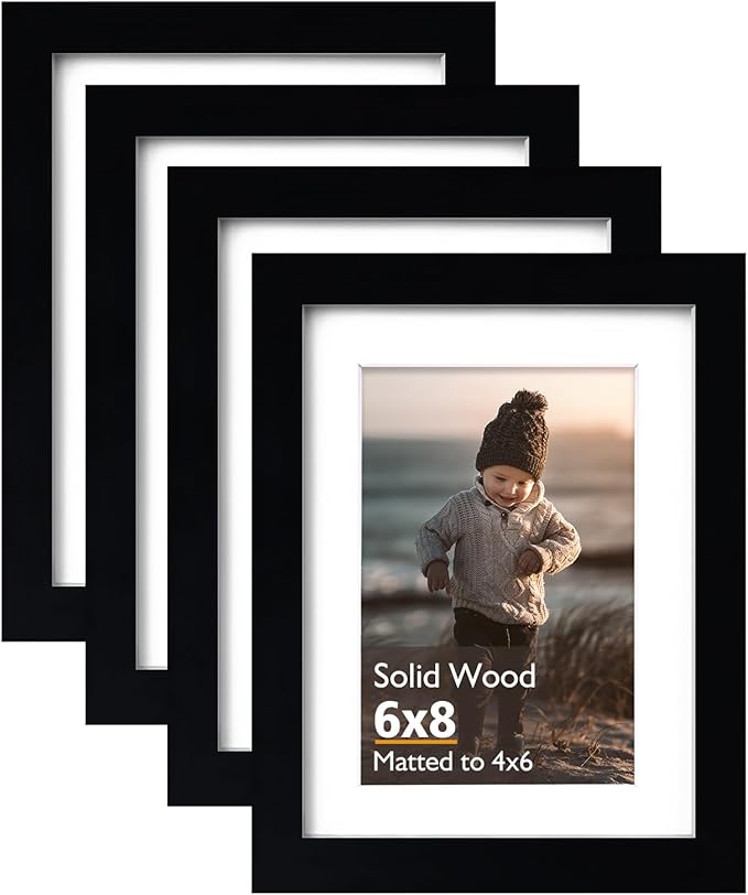 KINLINK 6x8 Picture Frame Black, Solid Wood Frames with Acrylic Plexiglass for Pictures 4x6 with Mat or 6x8 without Mat, Tabletop and Wall Display Photo Frame, Set of 4