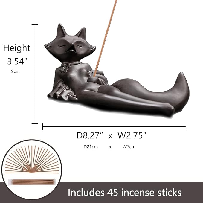 ChangWanna Incense Holder for Sticks - Funny Fox Insence Burner Ash Catcher, Cute Ceramic Insense Stand with 45 Sandalwood Incense Sticks for Aromatherapy/Yoga/Meditation/Home Living Room Office Décor