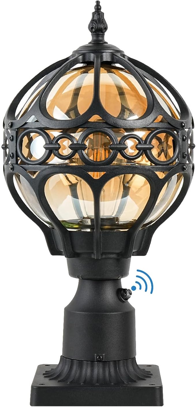 Dusk to Dawn Outdoor Lamp Post Lights, Aluminum Rust-proof Globe Post Light for Porch Front Door Driveway Lawn Garden, Black Sphere Exterior Pillar Post Light, Hardwired 3" Pier Mount Post Lantern
