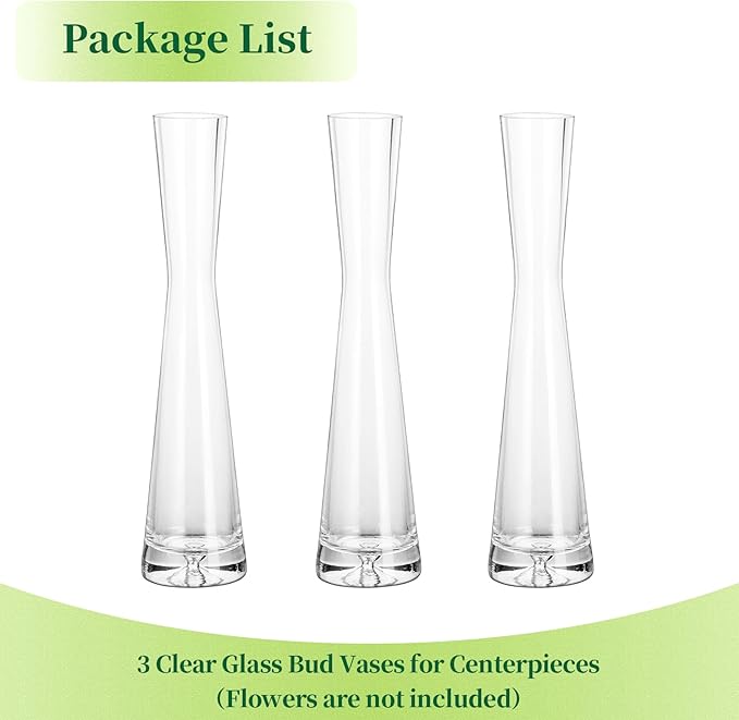 Hewory Glass Bud Vases for Centerpieces Set of 3, Handmade Modern Clear Small Skinny Decorative Single Flower Vase, Minimalist Slim Floral Vase for Home Wedding Party Events Table Decor, 9.64"