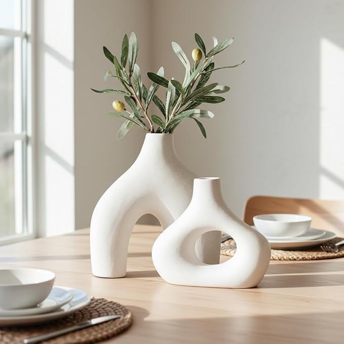 Carrot's Den Donut Vase, Set of 2 - White Large Ceramic Vase - Minimalist Nordic, Hollow | Table Centerpiece, Olive Plant, Wedding, Living Room, Bookshelf, Office, Modern Home, Entryway, Console