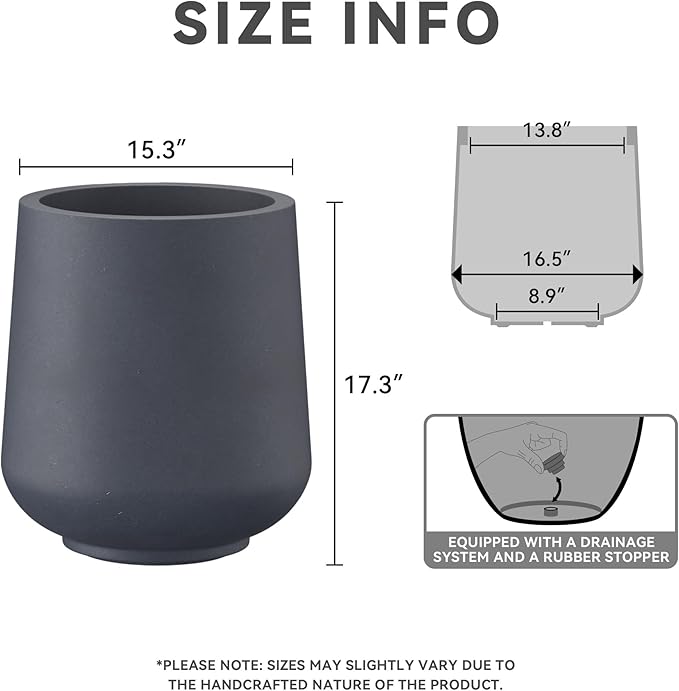 Kante 15.3" Dia Round Concrete Planter, Outdoor Indoor Large Plant Pots Containers with Drainage Hole and Rubber Plug for Home Garden Patio, Dark Gray