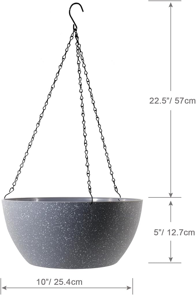 10 inch Hanging Planters for Outdoor Indoor Plants with Drainage Holes and Chain, 2 Pack Round Hanging Flower Plant Pots for Garden Home Porch Decor, Speckled Grey