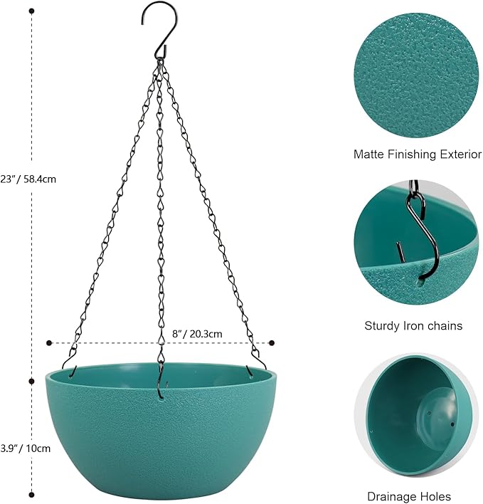 8 inch Small Hanging Planters Plant Pots for Indoor Outdoor Plants, 2 Pack Hanging Flower Pots with Drainage Holes and Chain for Garden, Plastic Hanging Baskets for House Plants, Blue Green