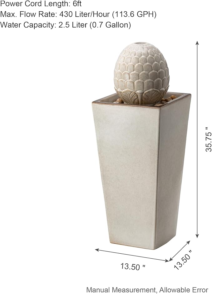 Glitzhome Ceramic Outdoor Water Fountain with LED Light, Oversized Artichoke Pedestal Water Fountains with Submersible Pump, Patio Fountain Waterfall for Garden Patio Deck Porch, Sand Beige, 35.75" H
