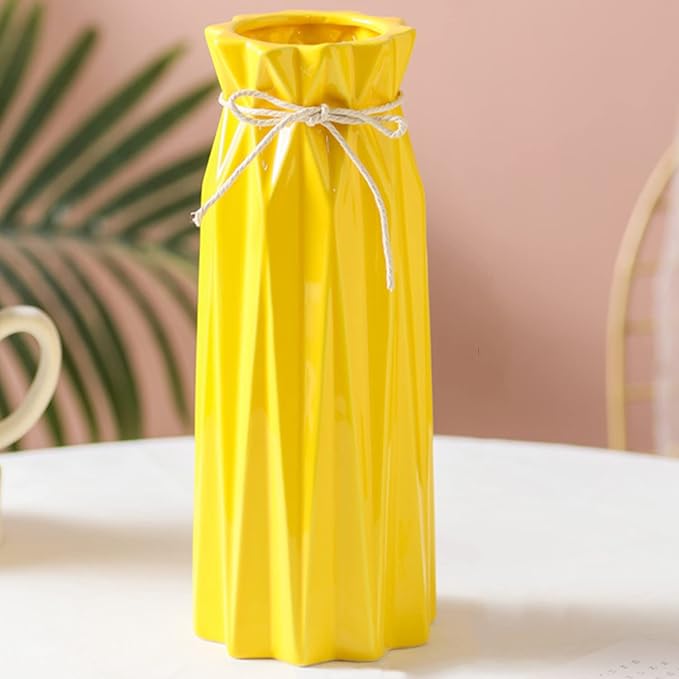 Ceramic Vase for Home Decor Yellow Modern Flower Vase for Pampas Grass Dried Flowers 9.5" H x 3.9" W Vases for Living Room Decorations Porcelain Tulip Vases for Table Kitchen Decor