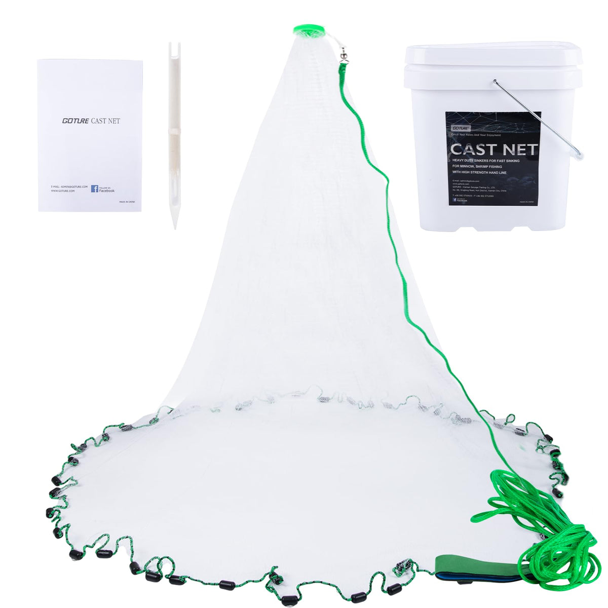 Goture American Fishing Cast Net Saltwater Freshwater, 3/8inch 1/4in Mesh Size Casting Net for Bait Fish Shrimp Trap, Black Sinkers, 3ft/4ft/5ft/6ft/8ft/10ft Radius Throw Cast Net with Needle