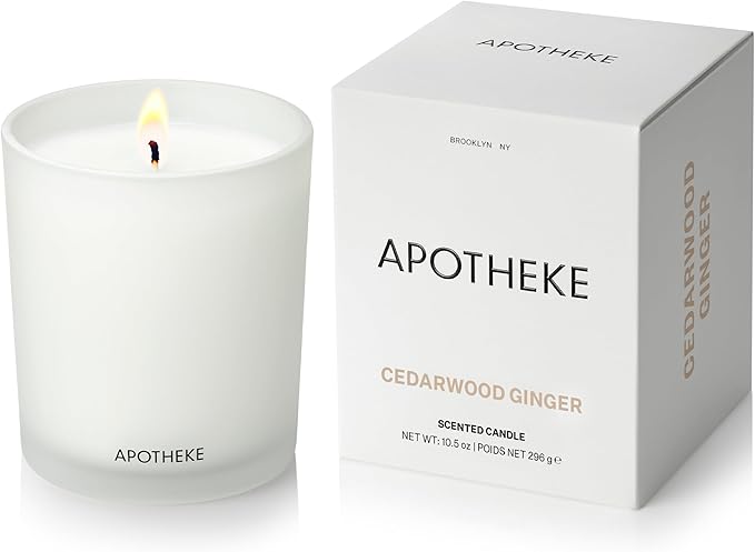 Apotheke Signature Scented Candles for Home, Cedarwood Ginger - 10.5 oz - Soy Wax, Non Toxic, Large Jar White - Luxury Candle Gifts for Women & Men - Patchouli, Red Tea, Fig, and Coconut