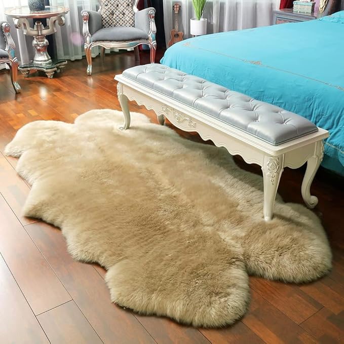 LLB Genuine Sheepskin Area Rug Wool Rug Fur Carpet Fluffy Shaggy Fur Rug for Living Room Kids Bedroom Real Sheepskin Throw Lambskin Rugs Sofa Mat Chair Seat Covers (Tan, 4 x 6 ft Sheepskin)