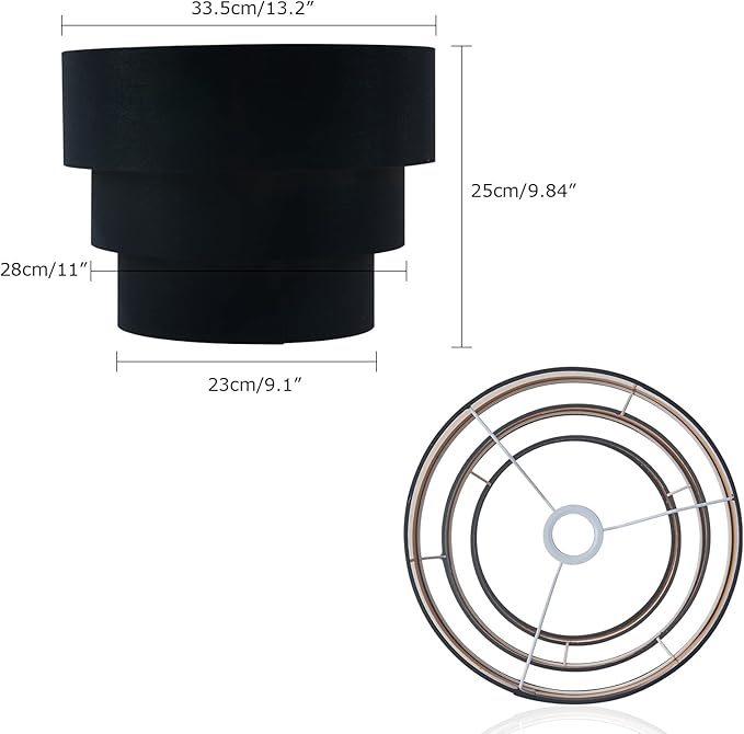 EDISLIVE 3-tier Drum Linen Lamp Shade for Pendant Lamp Floor Lamp Chandelier Replacement Shade Clip on Bulb Classic Round Lampshade Cover Only (Black)