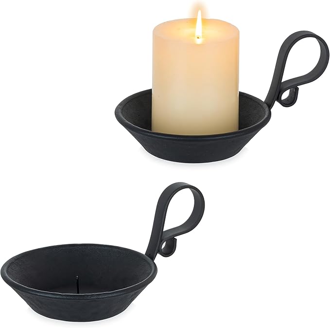 Iron Pillar Candle Holder: 4.6 in Gold Candle Plate Brass Pedestal Stand Vintage Decorative Tray for 3 Wick Jar Candles Tealight Votive Table Home Christmas Set of 2 (Black-with Spike, 2 Pcs)
