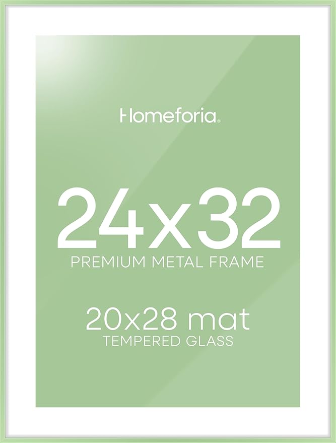 Homeforia 24x32 Sage Green Picture Frame, High End Metal 24x32 Poster Frames with Mat 20x28 inch Photo, 24 x 32 Thin Frame Matted to 20 x 28 Art, 32x24 Large Frames, Tempered Glass, Wall Kit, Set of 1