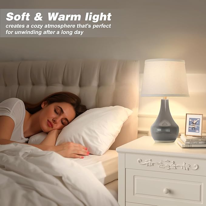 Seealle Modern Ceramic Table Lamps for Night Stands - Bedside Lamps Set of 2 for Nightstand, 19.4" Grey Bedroom Lamp for Living Room Cute Desk End Table Office Guest Room Dresser Rocker Swtich