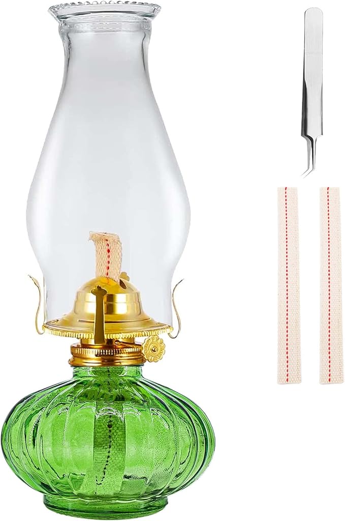 Large Oil Lamp for Indoor Use,Rustic Kerosene Lamp with 2 Pcs Wicks and 1 Tweezers,Glass Hurricane Lantern for Home Emergency Lighting (Green)