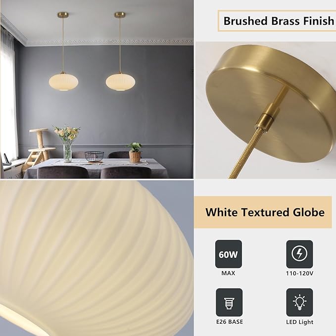 KCO Lighting Mid Century Modern Gold Globe Pendant Lighting Brushed Brass White Opal Glass Pendant Light Antique Farmhouse Single Hanging Kitchen Island Lighting Fixture