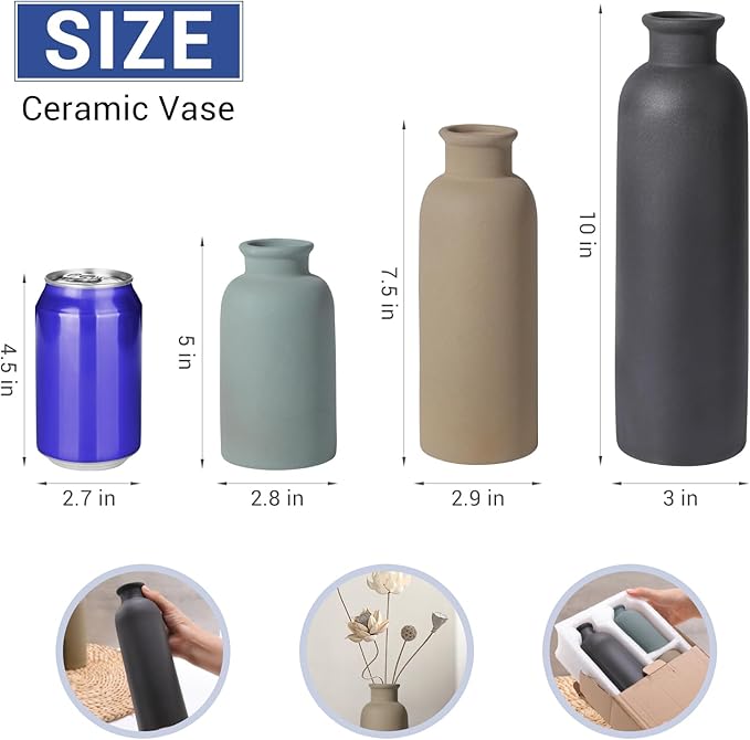 Small Ceramic Vase Set of 3, Boho Modern Flower Vase Room Decor, Farmhouse Decor, Vases for Your Kitchen, Bathroom, Bedroom, Living Room, Office&Shelf Centerpiece Table Decorations Multicolor