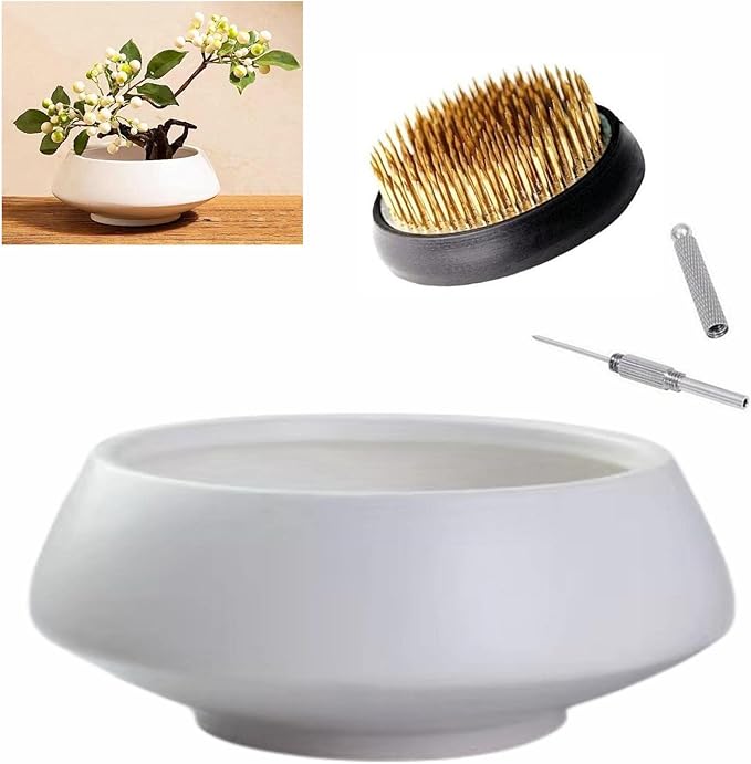 Ceramic Flower Pot Flower Arrangement Set Japanese Ikebana Floral Art Supplies Flower Bowl Decorative Flower Vase for Centerpieces (Large White)