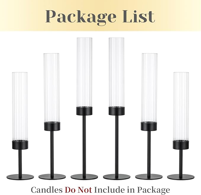 Hewory Black Taper Candle Holders: Candlestick Holders Set of 6 Hurricane Glass Tall Candle Holder for Candlesticks Candle Sticks Holder Decor for Table Centerpiece Wedding Party Christmas Decorations