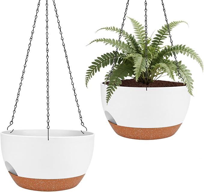 Hanging Planters for Outdoor Indoor Plants, 2 Pack 10 Inch Hanging Basket Plants Outdoor, Self Watering Hanging Planter with Plant Hanger for Garden Home Decoration (White, 10 inch)