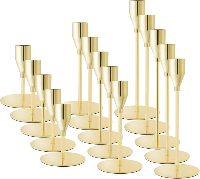 Gold Taper Candle Holders for Wedding Table Centerpiece,Tall Taper Candlestick Holders Bulk Set of 15,Metal Candle Stick Holder for Table or Mantel Centerpiece,Dinning,Festival,Party Home Decor