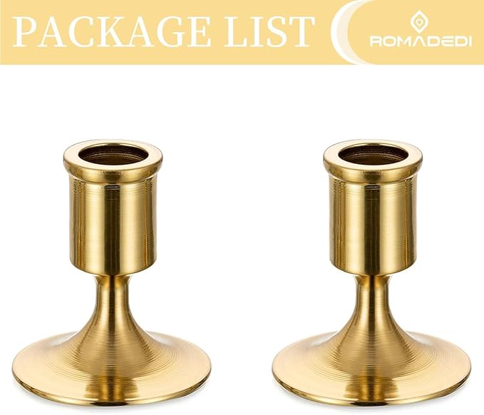 Romadedi Gold Candlestick Candle Holders for Taper, 2 PCS Gold Brass Color Candle Stick Candle Holder for Table Centerpiece, Wedding Reception, Festive Christmas Mantel Decoration or Home Decor