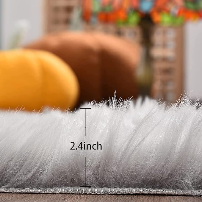 Light Grey Furry Washable Area Rugs for Living Room Faux Sheepskin Shaggy Fur Nursery Rug for Bedroom Cute Room 2x4 Rug