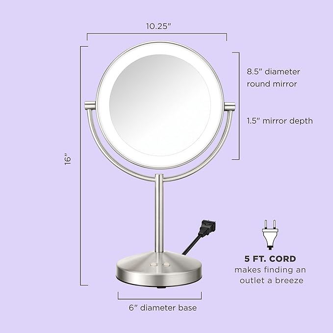 Conair Lighted Makeup Mirror, Double-Sided LED Vanity Mirror with 1X/10X Magnification, 3 Light Settings, 3 Modes, 360° Rotation, Satin Nickel Finish