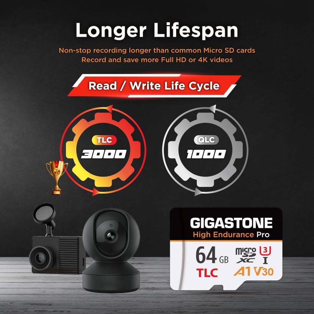 Gigastone 5 64GB 95MB/s, A1 V30 U3 Yrs Free Data RecoveryDash Cam Micro SD Card, TLC High Endurance Pro, Speed Up
