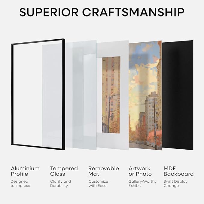 Homeforia Black Picture Frames 8x10, High End Metal 8 x 10 Photo Frame with Mat 5 by 7 Art, 10x8 Black Frame Matted to 5x7 inch Print, 8by10 Wall or Tabletop Frames, Tempered Glass, Wall Kit, Set of 3
