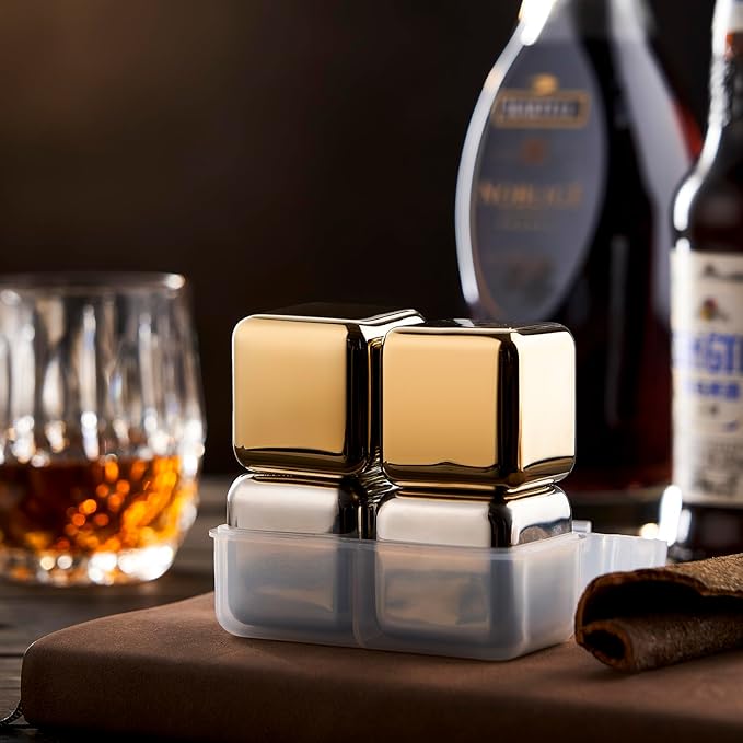 4 Large Whiskey Stones 64 cm³ (4 cu in) - Man Gift Set - Reusable Stainless Steel Metal Ice Sphere Cubes Beverage Chilling Rocks Whiskey Stones for Red Wine, Bar Beer, Scotch, Vodka Drinks - Silver