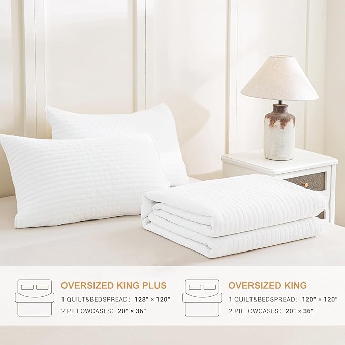 Sanracie Stonewashed Oversized King Bedspread(128"x120"), Cotton Milk White Extra Large Wide Oversized Quilt Coverlet Cross Stitch Soft Lightweight 3Pcs Crinkle Bed Coverlet Set