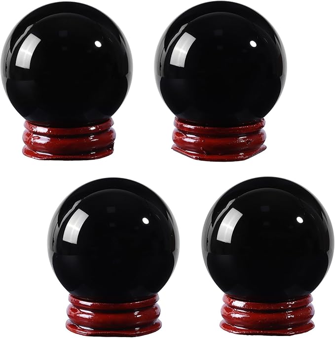 200mm Natural Black Obsidian Stone Sphere with Wooden Stand, Polished Crystal Ball Decoration for Home & Office