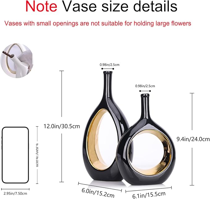 Black and Gold Vase Ceramic Black Vases Home Decor,Modern Minimalist Circle with Hole Decorative Vase, Hollow Ellipse Flower vases for Bookshelf, Fireplace Mantle, Centerpieces,Farmhouse,Rustic Décor